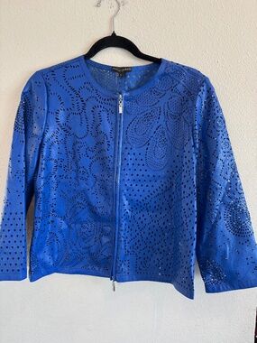 Alberto Makali Blue Leather Perforated Jacket Small